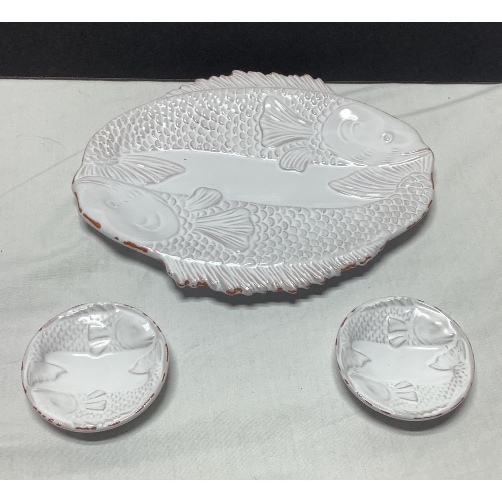 Coldwater Creek Mud Pie White Glazed Terracotta Koi Fish Sushi Tray 2 Saucers